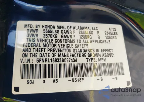 2003 Honda Odyssey Ex-L z USA, uszkodzony, nr VIN 5FNRL18933B097434
